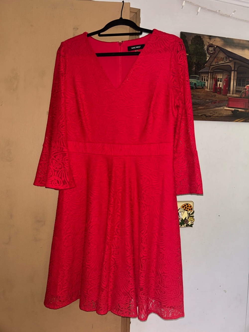 Nine West Bright Red Lace V-Neck Fit & Flare Dress